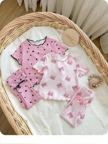Dozemod Kids 4pcs Newborn Baby Girl Cute Cartoon Cat & Heart Pattern Ruffle Hem Top & Pants Casual Comfortable Home Pajamas Set Print - Baby Pink - View 1