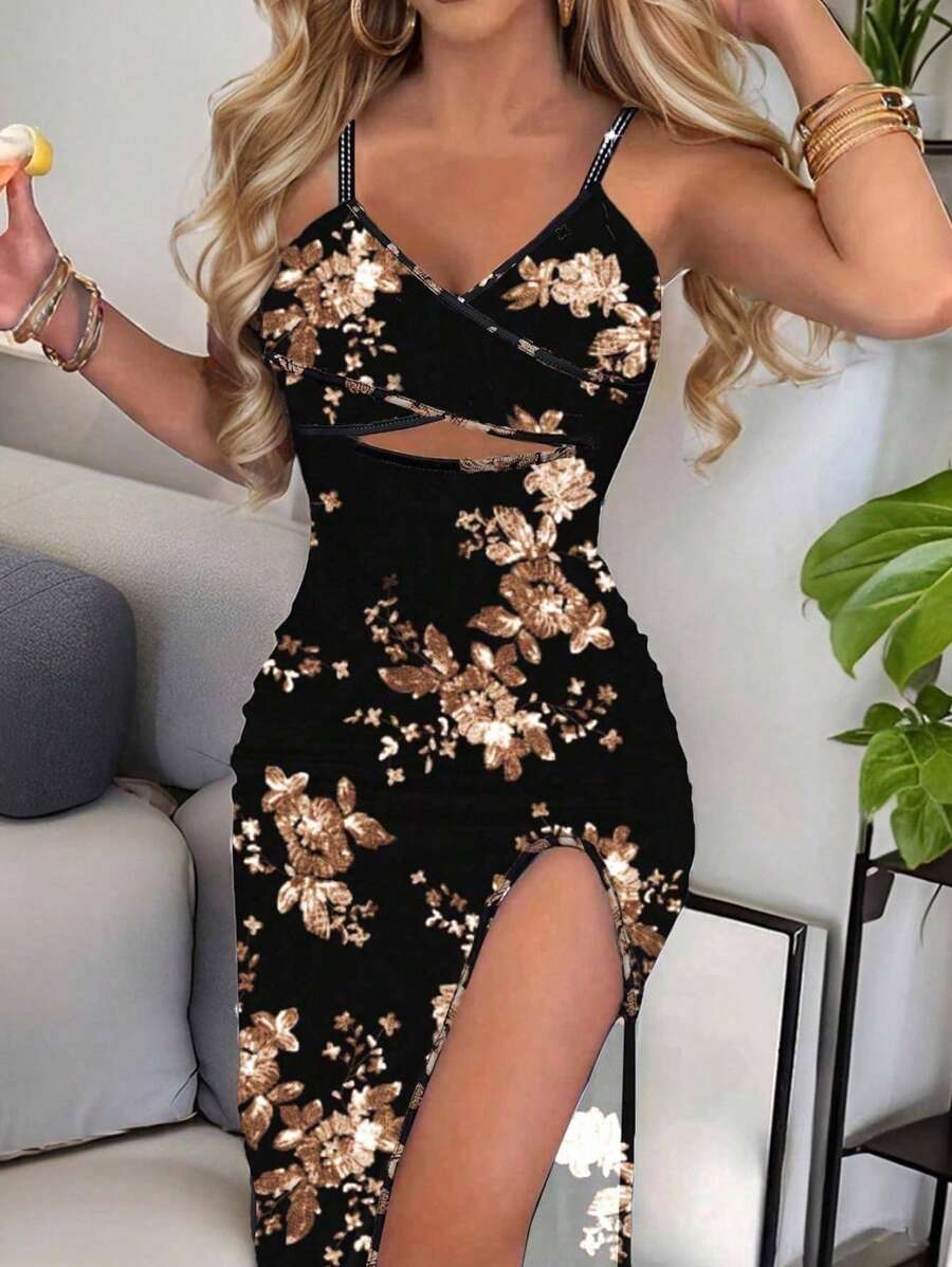 Breezaya 女式花卉印花细肩带交叉后背镂空腰高开叉紧身连衣裙，适合春夏季长款女装 - 黑色 - 查看 1