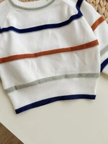SHEIN Newborn Baby Boy/Girl Cute Versatile White Knitted Striped Long Sleeve Sweater, Autumn/Winter