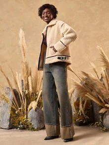 Bóhologie Women's Faux Shearling Coat, Zip-Up Front, Buckle Neckline, Contrast Piping, Oversized Teddy Jacket, Zipper Closure, Faux Leather Trim, Longline Fit, Sherpa Fleece Coat, Stand Collar, Adjustable Hem, Cozy Fit - Beige - View 3