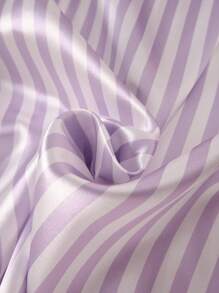 Tween GirlsClassic Striped Faux Silk Cardigan With Buttons, Bow Embroidered Pockets Short Sleeve Top Paired With Light Purple & White Striped Shorts With Black Trim, Home Outfit Set - Purple - View 4