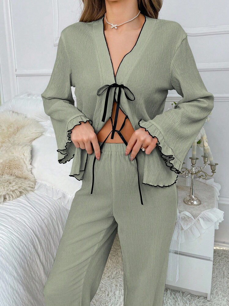Women's Contrast Trim Drop Shoulder Casual Loose Summer Pajama Set, Fall Winter Clothes - Green - View 6