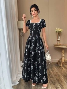 Modelyn 女士优雅花卉印花长裙，夏季 - 黑色 - 查看 6