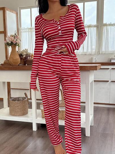 Dream Adore Front Button Gestreepte Print Long Sleeve Rood Wit Top Pants Pajama Set, Fall Clothes Cozy Elegante view 5