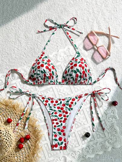 Swim Mod 2 件大码女式樱桃印花露背深 V 系带比基尼套装，夏日海滩度假