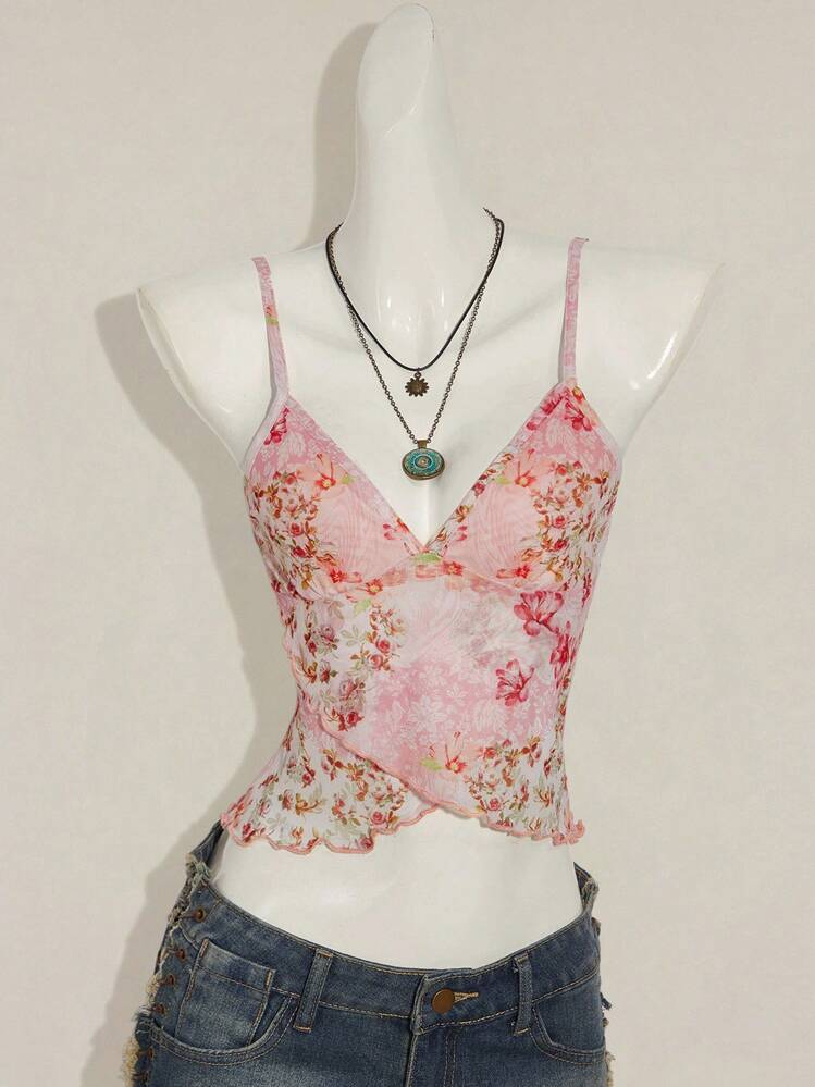 SHEIN ICON 女士休闲荷叶边印花吊带背心 - 粉色 - 查看 4