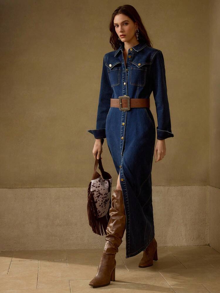 BUTTON UP SLANT POCKET DENIM DRESS
