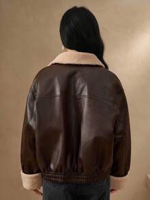 DAZY Áo khoác da mùa đông cho nữ có cổ màu tương phản thường ngày bằng da PU - Cà phê nâu - Xem 2