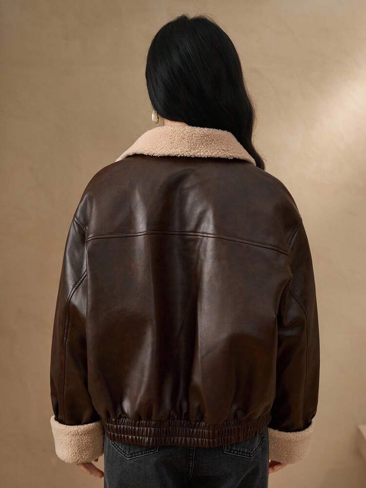 Casual Contrast Color Collar PU Women Padded Coat Jacket Winter Leather Jacket