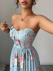 Elenzga Gaun Camisole A-Line Elegan dan Romantis dengan Motif Bunga dan Detail Kerut di Pinggang untuk Wanita - MultiWarna - View 3