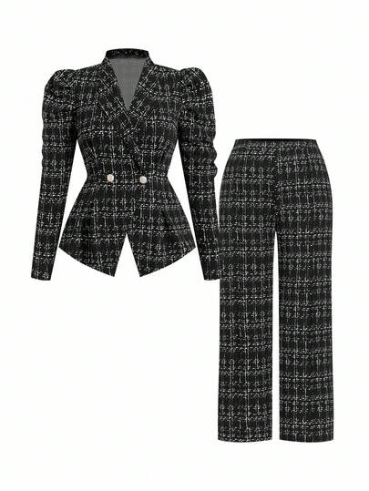 SHEIN Clasi 大码优雅格子西装外套和裤子套装，商务装