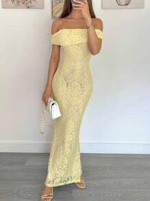 Siren Gaze 2025秋季女装新品！秋季必备单品 - 奶油黄碎花蕾丝露肩鱼尾下摆修身优雅连衣裙，生日、婚礼宾客、办公室工作、约会之夜、外出、早午餐、返校节和音乐会的完美之选，秋季女士服装之选 - 黃色 - 查看 3