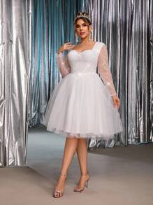 SHEIN Belle Plus Size Summer And Autumn Elegant Romantic Gorgeous White Sequins Embroidery Splicing Mesh Sweetheart Neck See-Through Long Sleeves Splicing Puffy Skirt Suitable For Dinner Bachelorette Party Dating Dance Vacation Graduation Season Homecoming Season Birthday Wedding Event Bride Gift Dress Guest Dress All White Party Outfit Women