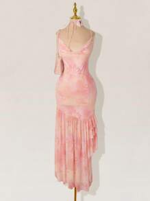 Sweetina 优雅甜美的粉色美人鱼裙，复古细肩带雪纺串珠长礼服，适合舞会和派对 - 粉色 - 查看 3