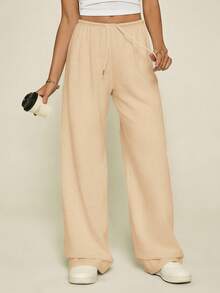 SHEIN Tall 女夏季运动裤基础款休闲杏色裤子女阔腿裤阔腿运动裤宽松裤子舒适裤子女宽松裤子女裤子阔腿夏季裤子 - 卡其色 - 查看 3