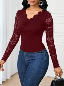 SHEIN Lady 2025新款优雅通勤纯色蕾丝拼接修身长袖T恤纯色上衣外出上衣女式长袖T恤长袖上衣，女士秋季服装 - 酒紅色 - 查看 6
