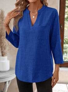 EMERY ROSE Áo sơ mi công sở cổ khoét họa tiết hoa mùa xuân cho nữ tay 3/4 - Màu xanh hải quân - Xem 3