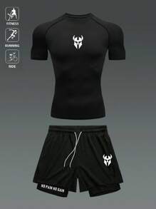 Manfinity Sport Corelite 男士口罩印花短袖T恤和短裤运动套装 - 黑色 - 查看 1