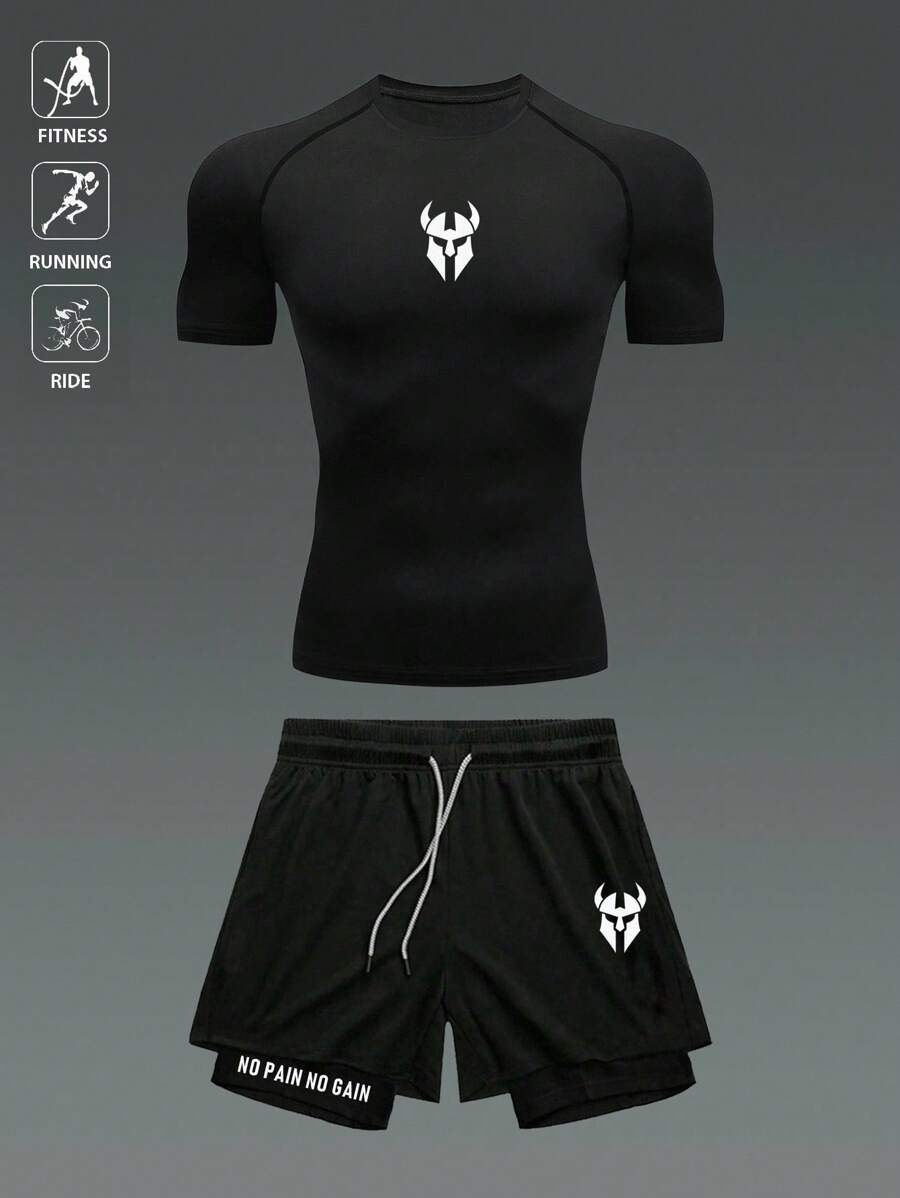 Manfinity Sport Corelite 男士口罩印花短袖T恤和短裤运动套装 - 黑色 - 查看 1