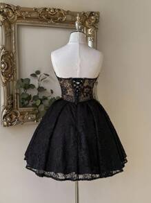 Lovelzi Elegante, romántico, de moda, de malla, negro, tela de encaje, espina de pescado, adecuado para vacaciones, discoteca, fiesta, resort, fiesta de cóctel, registro, vestido de gala, Día de San Valentín - Negro - Ver 4