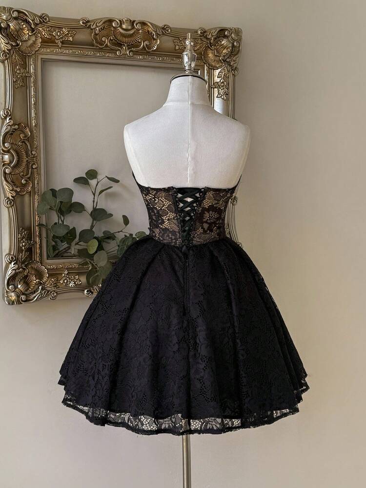 Lovelzi Elegante, romántico, de moda, de malla, negro, tela de encaje, espina de pescado, adecuado para vacaciones, discoteca, fiesta, resort, fiesta de cóctel, registro, vestido de gala, Día de San Valentín - Negro - Añade 3