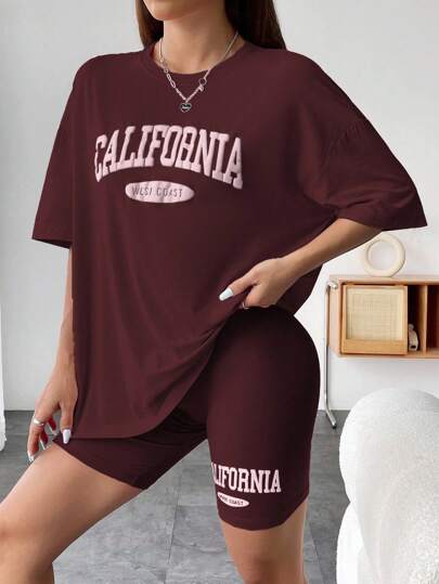 Gowayae Gowayae 2pcs Set Letter Print Crew Neck Short Sleeve T-Shirt And Shorts, Casual