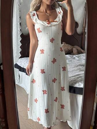 CottageSlumber 女士小熊印花荷叶边休闲可爱长款睡袍