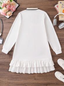 Váy dài vừa phải cho nữ, cổ bo gân, thêu nơ ở ngực, thiết kế viền xếp nếp đôi - trắng - Xem 2