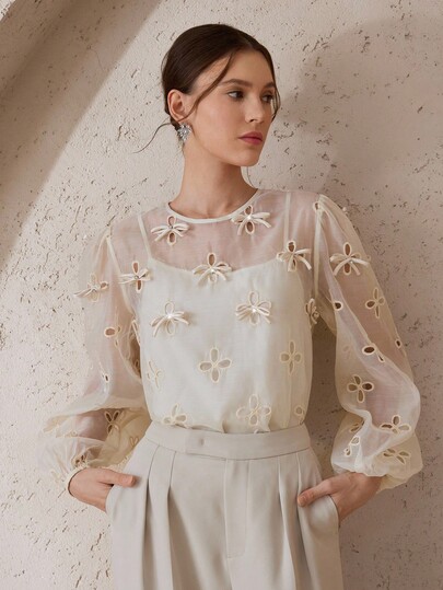 Modelyn Women's Solid Color Hollow Out Sheer Long Sleeve Blouse,Embroidered Lace Fabric With Hand-Sewn Three-Dimensional Bow