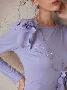 Modelyn 女士花卉 3D 水晶装饰圆领长袖连衣裙 - 紫色 - 查看 6