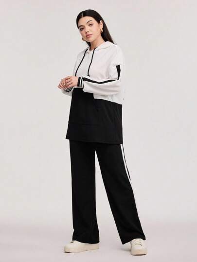 Veilorie Two Tone Striped Side Drawstring Hoodie & Pants Set 2 Pieces Set