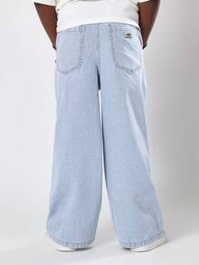 SUMWON 宽松阔腿条纹牛仔裤，舒适抽绳腰休闲日常青年裤，经典铁路图案宽松版型，四季男童裤