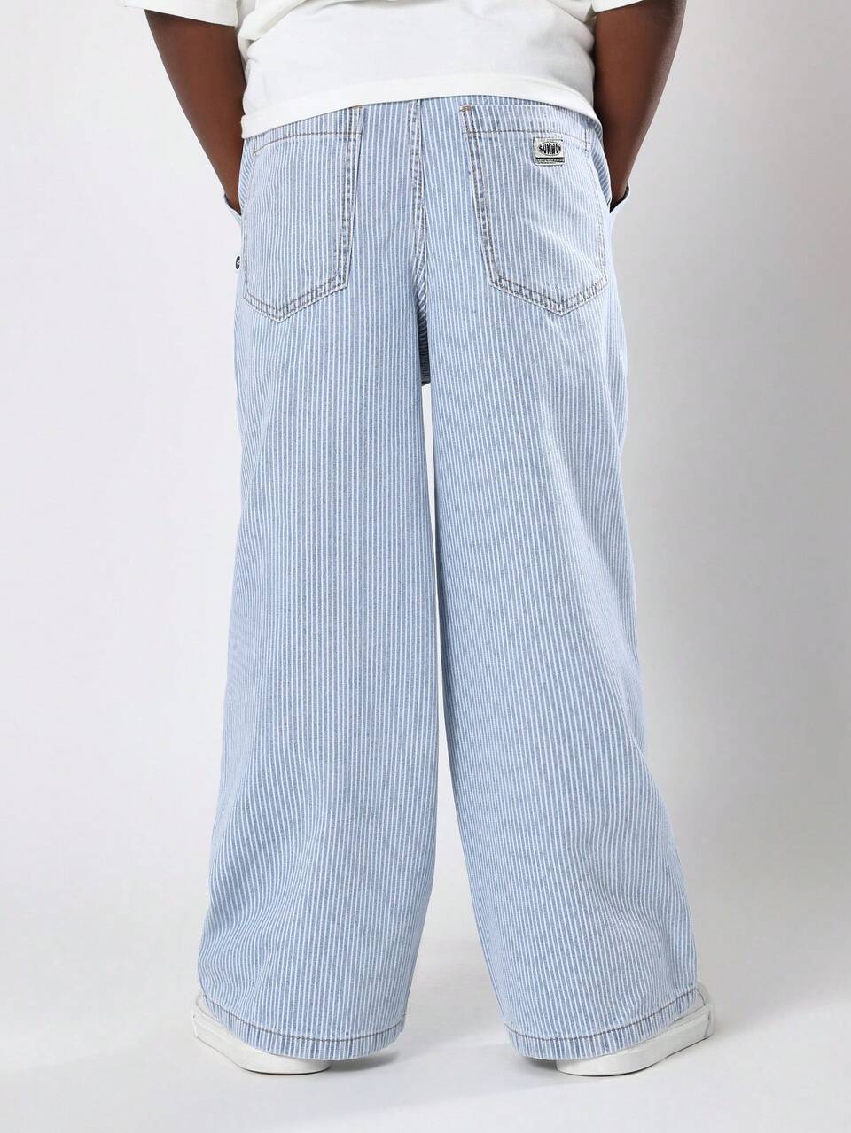 Wide Leg Stripe Denim Jeans With Drawstring Waist