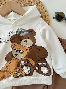 Bộ 2 áo nỉ chui đầu không tay có mũ trùm đầu hình gấu hoạt hình màu nâu cho bé trai/bé gái và quần dài thể thao, giản dị & dễ thương, mềm mại & thoải mái, thích hợp cho mùa xuân, mùa thu, mùa đông, trong nhà & ngoài trời - Cà phê nâu - Xem 4