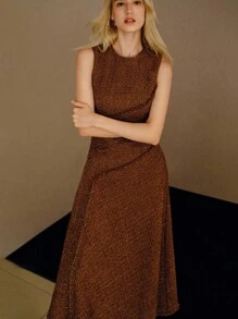 MOTF PREMIUM TWEED SOLID RAW TRIM SLEEVELESS DRESS - Coffee - View 2