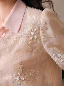 Anewsta 法式百搭长袖女式衬衫，奢华串珠亮片装饰休闲上衣 - 粉色 - 查看 1