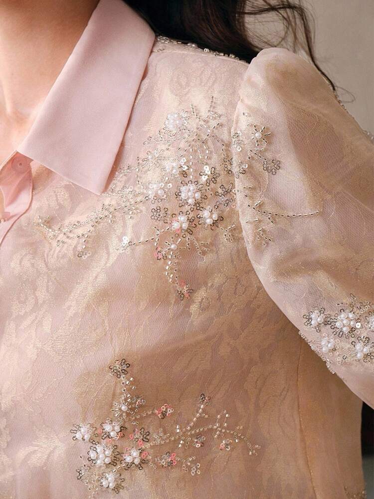 Blusa versatile a maniche lunghe da donna, top casual di lusso con decorazioni di perline e paillettes