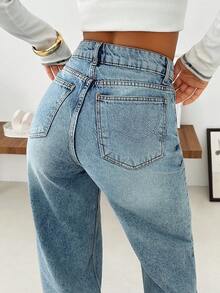 EURMUSE Gerade geschnittene Jeans im Lässig-Stil mit hoher Taille - Mittele Waschung - Übersicht 2