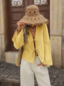 Brillora Women's Loose Fit Woven Flared Long Sleeve Casual Shirt,For Summer Vacation, Women Summer Clothing,Cute Summer Top,European Summer - Yellow - View 4