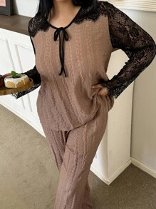 SHEIN Große Größen Spitze Patchwork Langarm Top & Hose Pyjama Set, Outfits, Herbstkleidung - Kaffeebraun - Übersicht 4