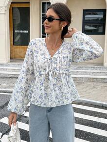 Serisse 休闲宽松碎花长袖系带衬衫，适合女性日常穿着，秋季百搭，适合返校、外出、办公等场合，蓝色碎花衬衫，波西米亚风衬衫，适合冬季、春季、度假度假 - 藍色 - 查看 1