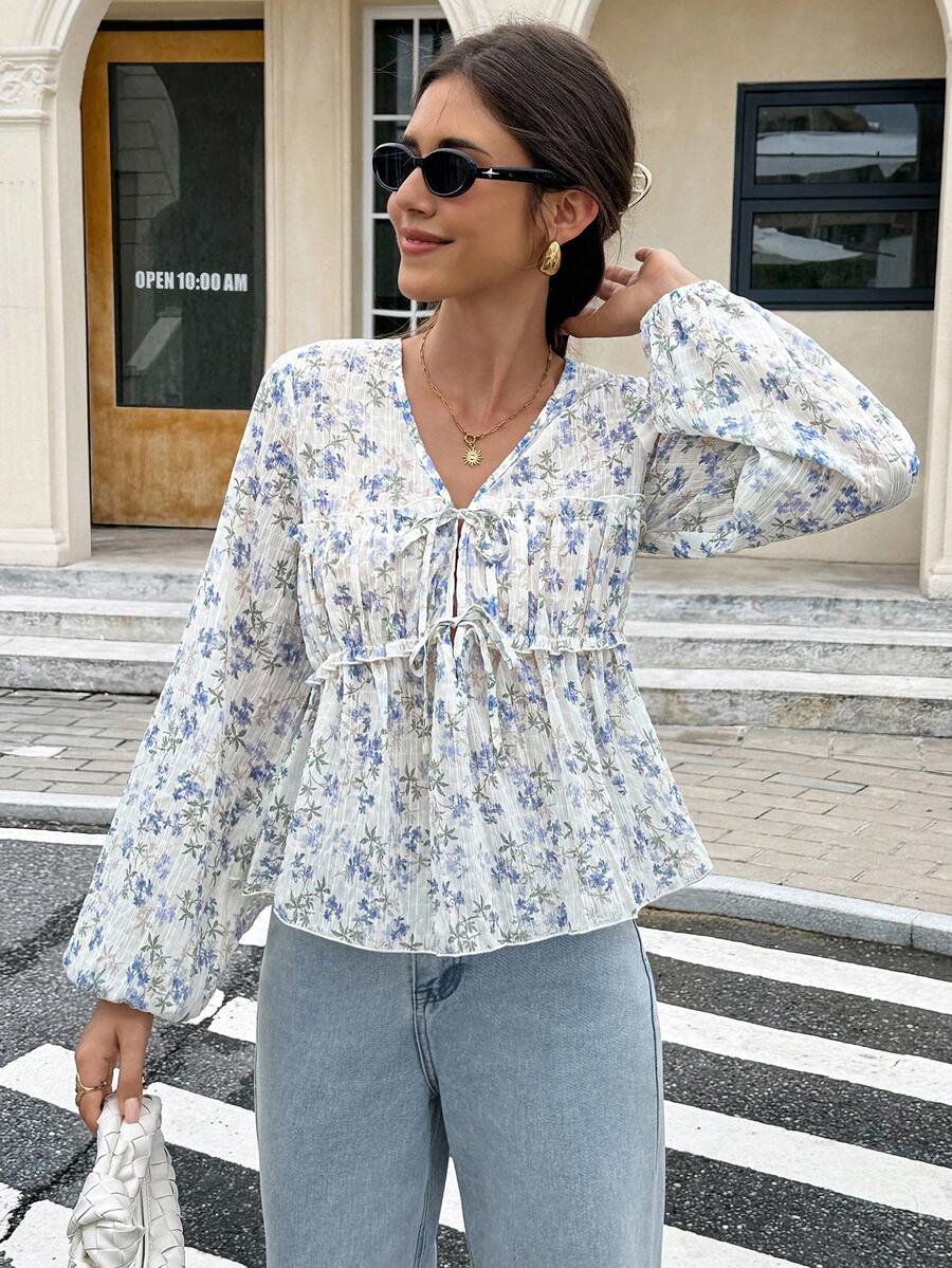 Serisse 休闲宽松碎花长袖系带衬衫，适合女性日常穿着，秋季百搭，适合返校、外出、办公等场合，蓝色碎花衬衫，波西米亚风衬衫，适合冬季、春季、度假度假 - 藍色 - 查看 1