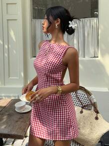 MainGRL Women's Cotton Casual Gingham Backless Sleeveless  Round Neck Mini Dress For Vacation, Red & White,Going Out, Outfits ,Country Concert Outfit - Red and White - View 7