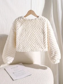 Sparklyn 女童纹理提花面料披肩领仿皮草夹克，时尚高端优雅百搭小外套，白色花卉图案，秋冬返校季 - 杏色 - 查看 2