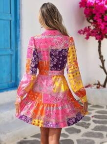 Vivid Eden فستان قصير بأكمام طويلة بطبعات ملونة وطراز بوهيمي رجعي، ملابس للعطلات والحفلات والنزهات والخريف، ملابس مناسبة للمطار والطراز البوهيمي للنساء