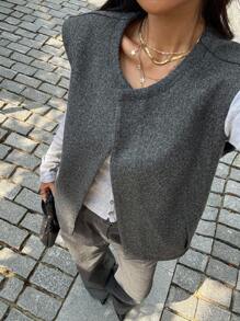 Serisse Áo khoác vest không tay cổ tròn màu trơn dành cho nữ, áo khoác ngoài thường ngày, thu/đông, áo khoác xám, trang phục công sở thường ngày dành cho nữ, thích hợp mặc đi làm hàng ngày, mùa thu - Màu xám đen - Xem 2