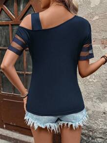 SHEIN LUNE Camiseta de manga corta con cuello asimétrico, parches de malla, para uso casual de vacaciones de las mujeres