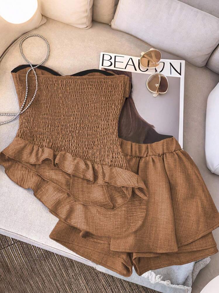 GlowEve 2件套女士不对称荷叶边下摆优雅上衣和裤子套装 - 咖啡棕 - 查看 2