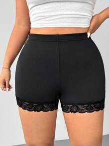 SHEIN EZwear 大码女式黑色功能性针织罗纹面料蕾丝边纯色休闲百搭高腰紧身骑行短裤紧身裤 - 黑色 - 查看 4