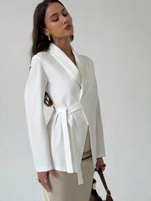 Aloruh 女士休闲商务通勤简约纯色长袖西装外套（秋冬） - 白色 - 查看 4